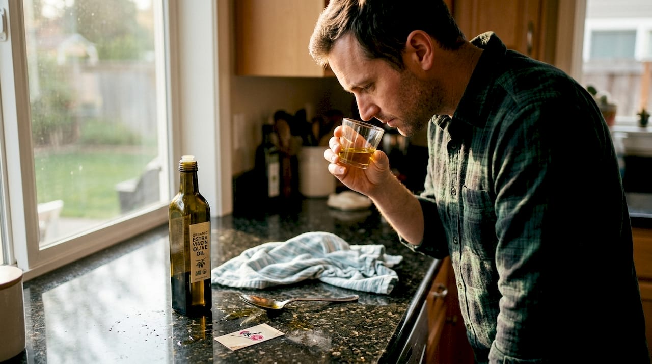 Man sniffing olive oil for freshness