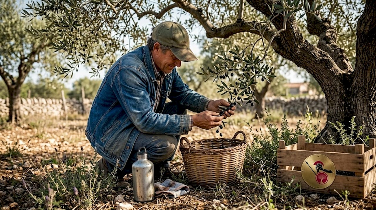 Recolección manual de aceitunas en un olivar soleado.