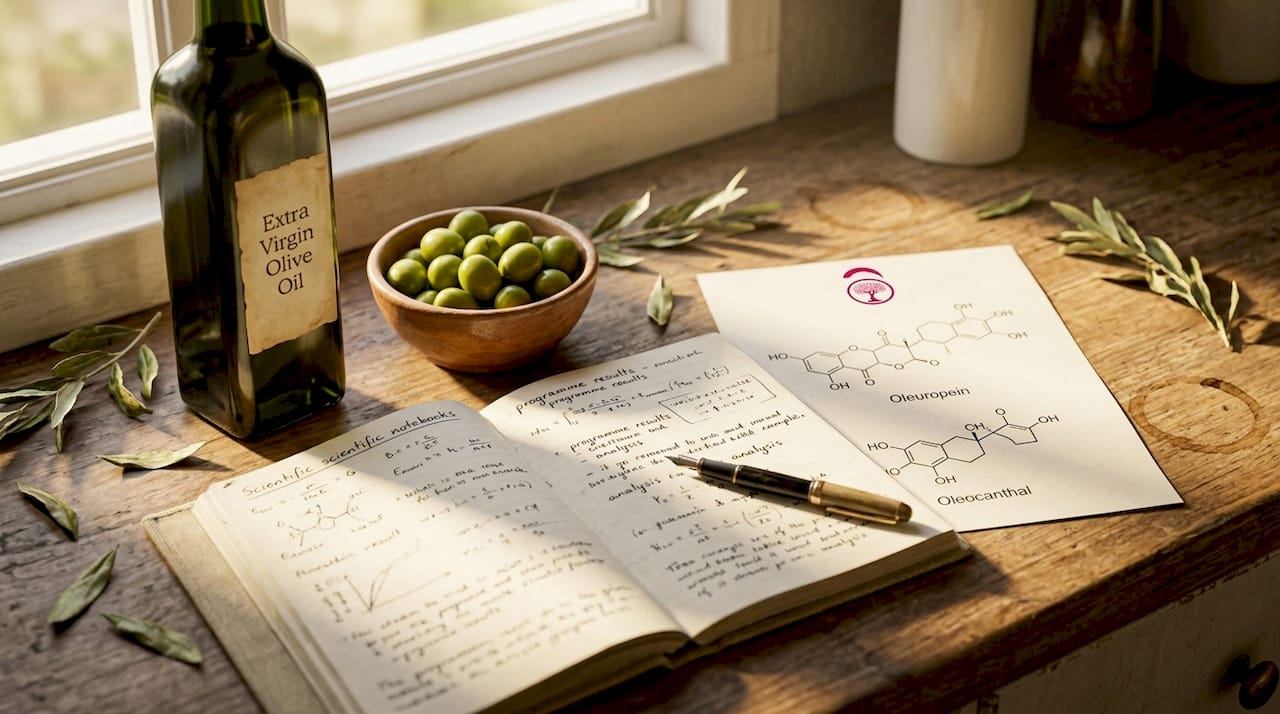 Olive oil bottle, olives, notebook, and molecular diagrams