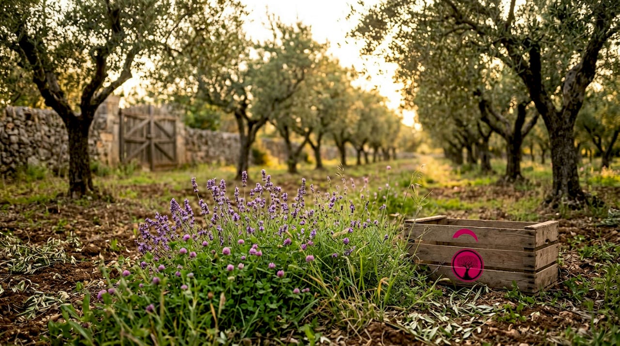 Olivar ecológico con flores silvestres y cultivos de cobertura.