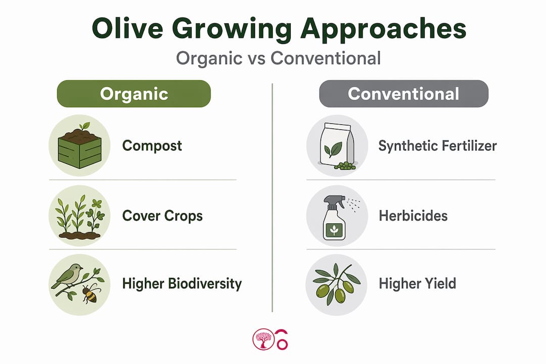 Infografía que compara el cultivo de olivos ecológico y convencional.