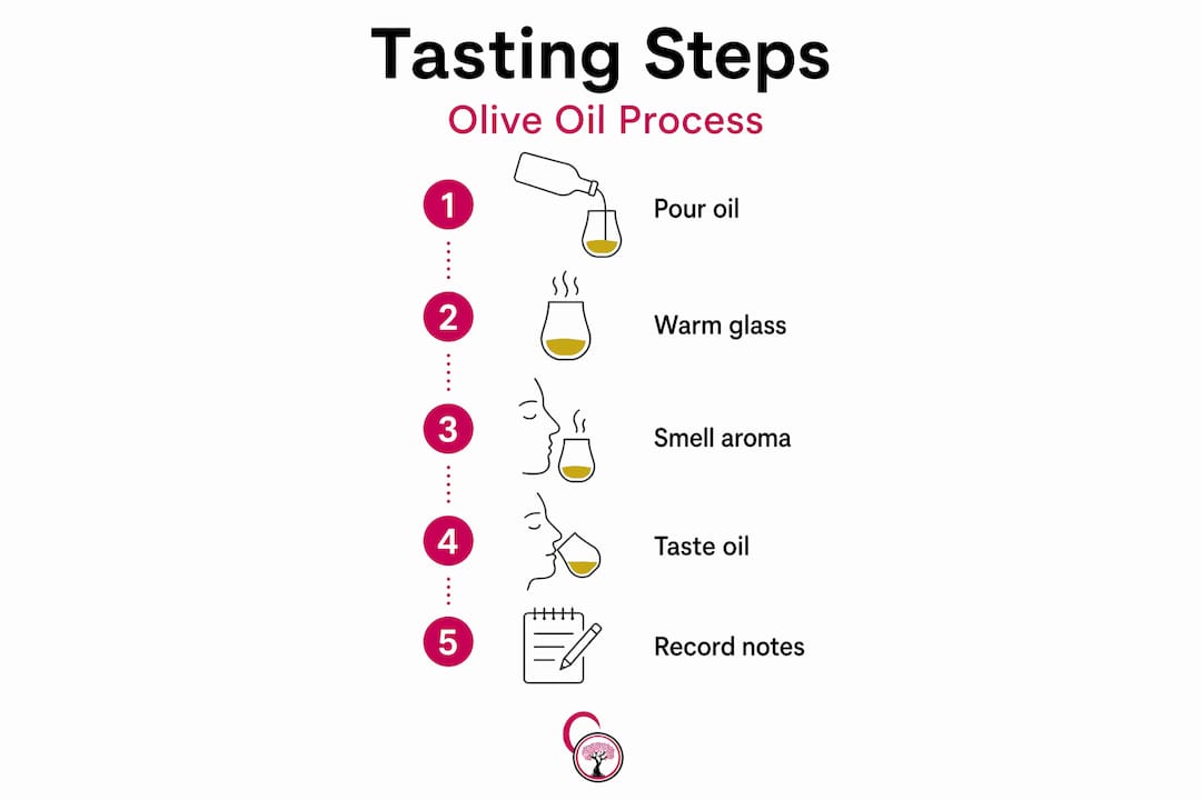 Infografía que muestra los pasos para degustar el aceite de oliva.