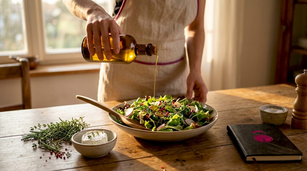 Verter aceite de oliva sobre ensalada fresca