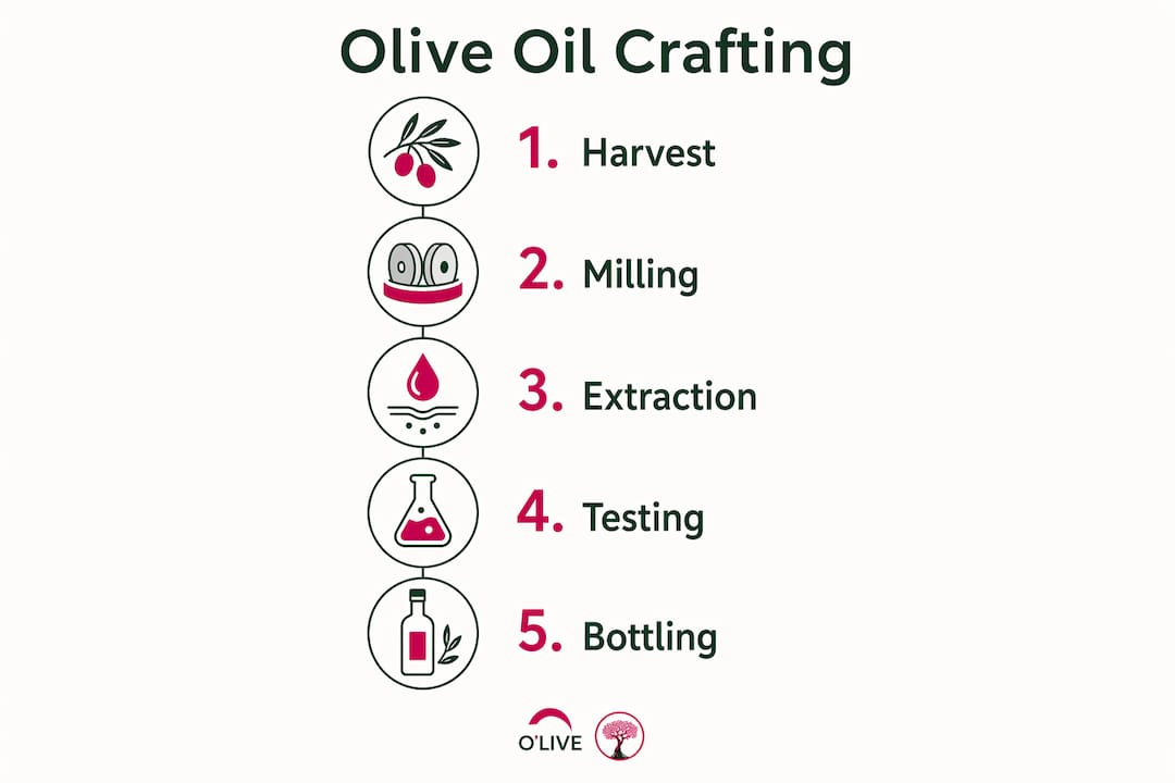 Infografika, ki prikazuje korake pridelave oljčnega olja