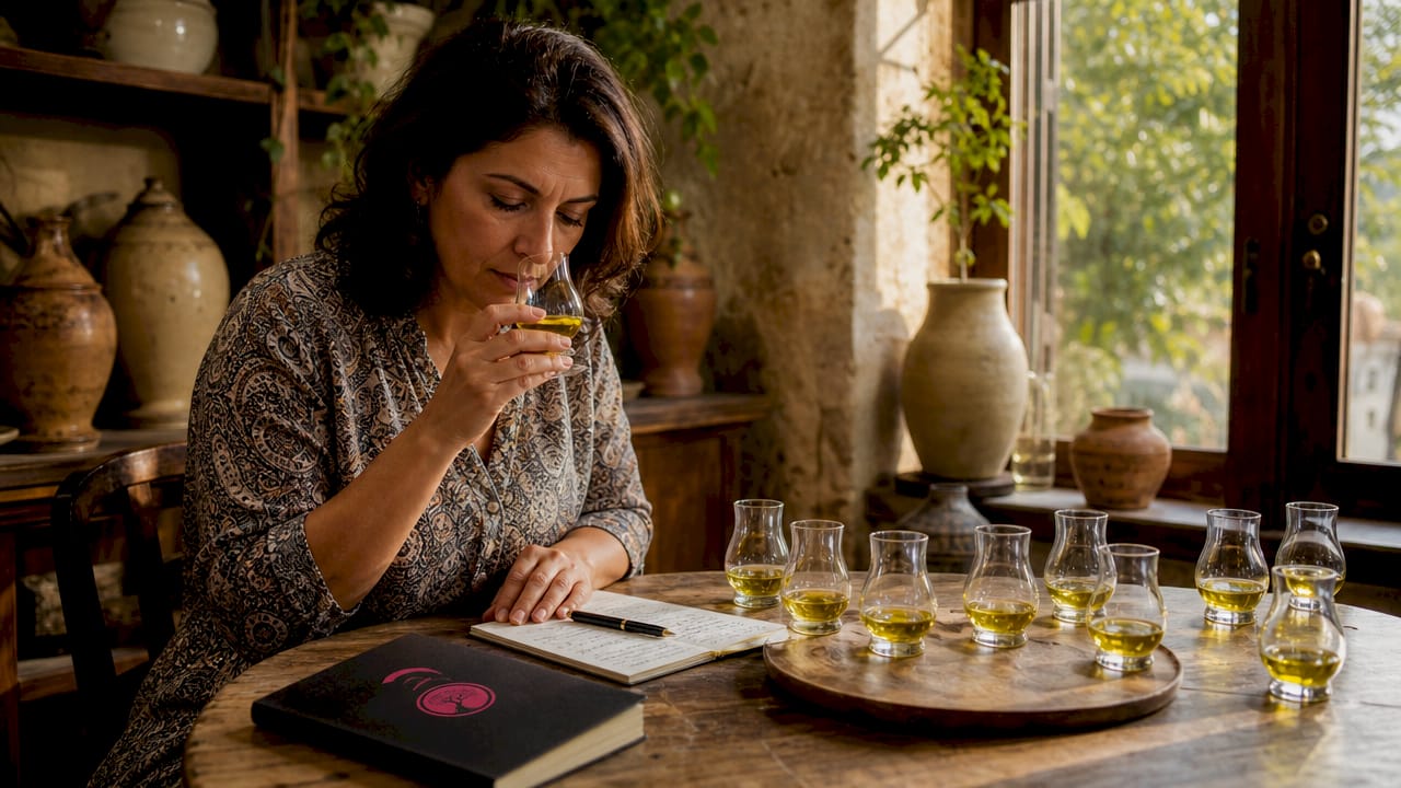 Olive oil sommelier tasting oils at table