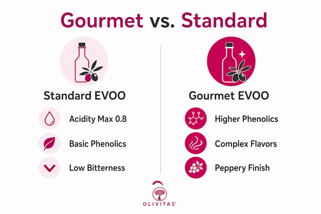 Infographic comparing gourmet and standard olive oil qualities