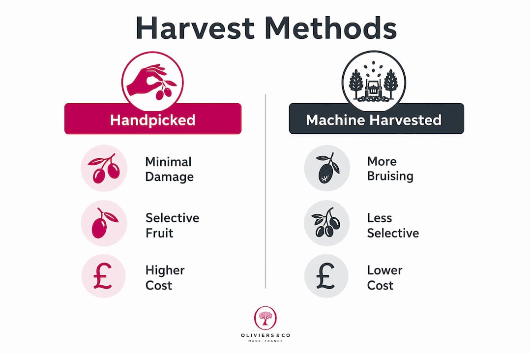 Infographic comparing handpicked and machine harvested olives