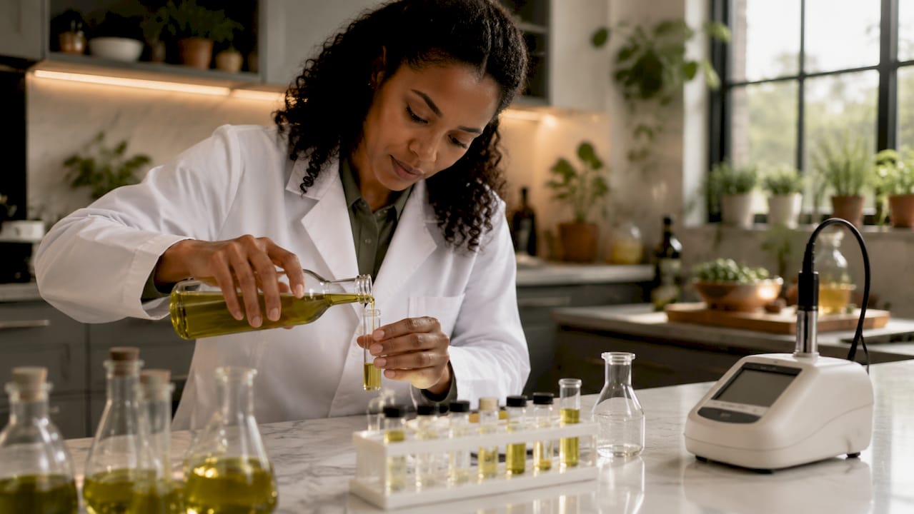 Científicos analizan aceite de oliva en laboratorio