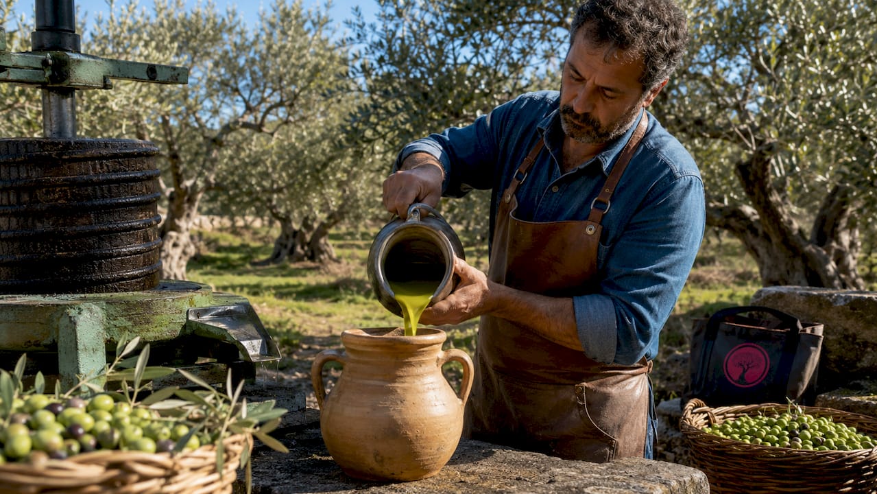 Artisan pouring freshly pressed olive oil