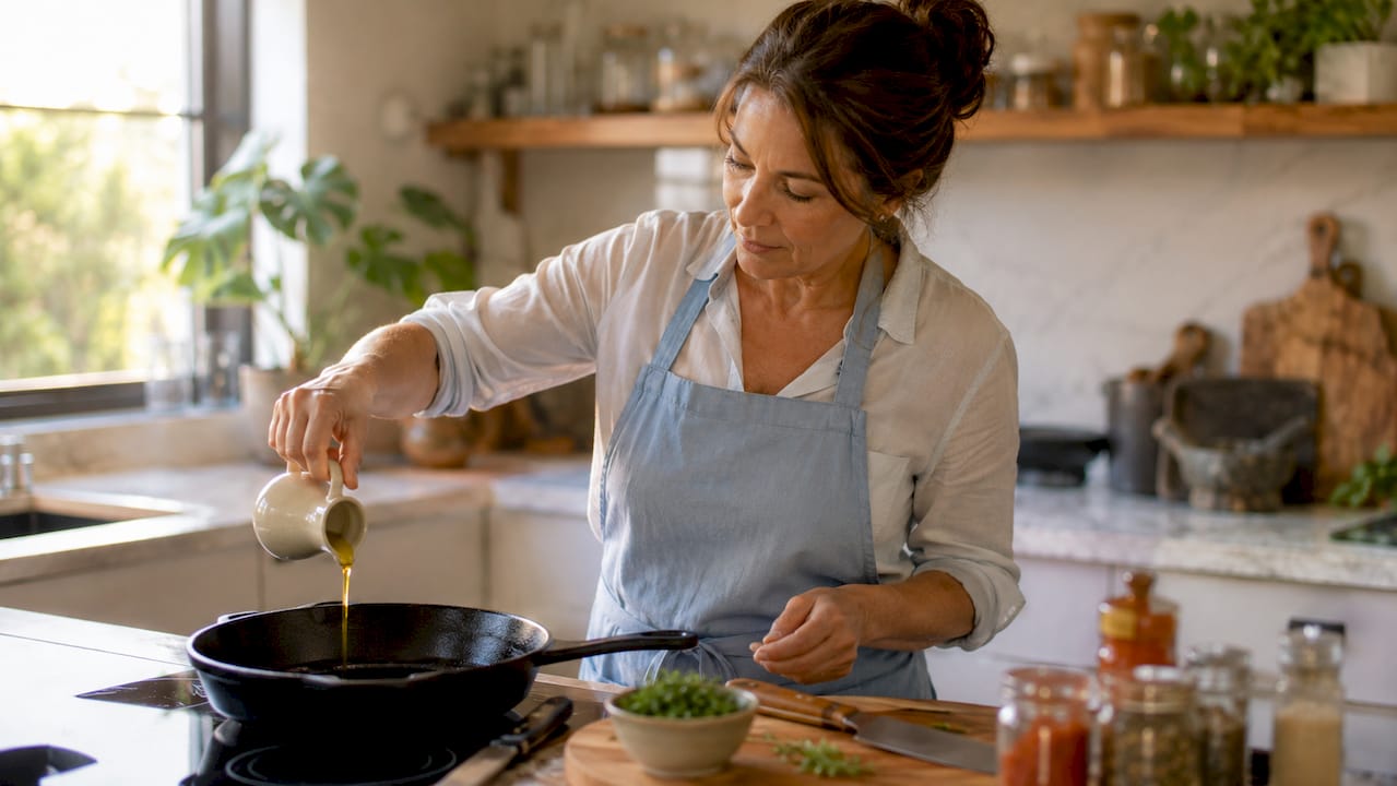 Mulher despejando azeite em uma panela na cozinha de casa
