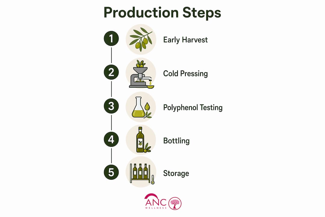 Infographie des étapes et du processus de production de l'huile d'olive