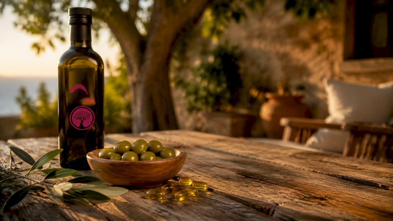 Primo piano di una bottiglia di olio extravergine di oliva con olive e vitamina E.
