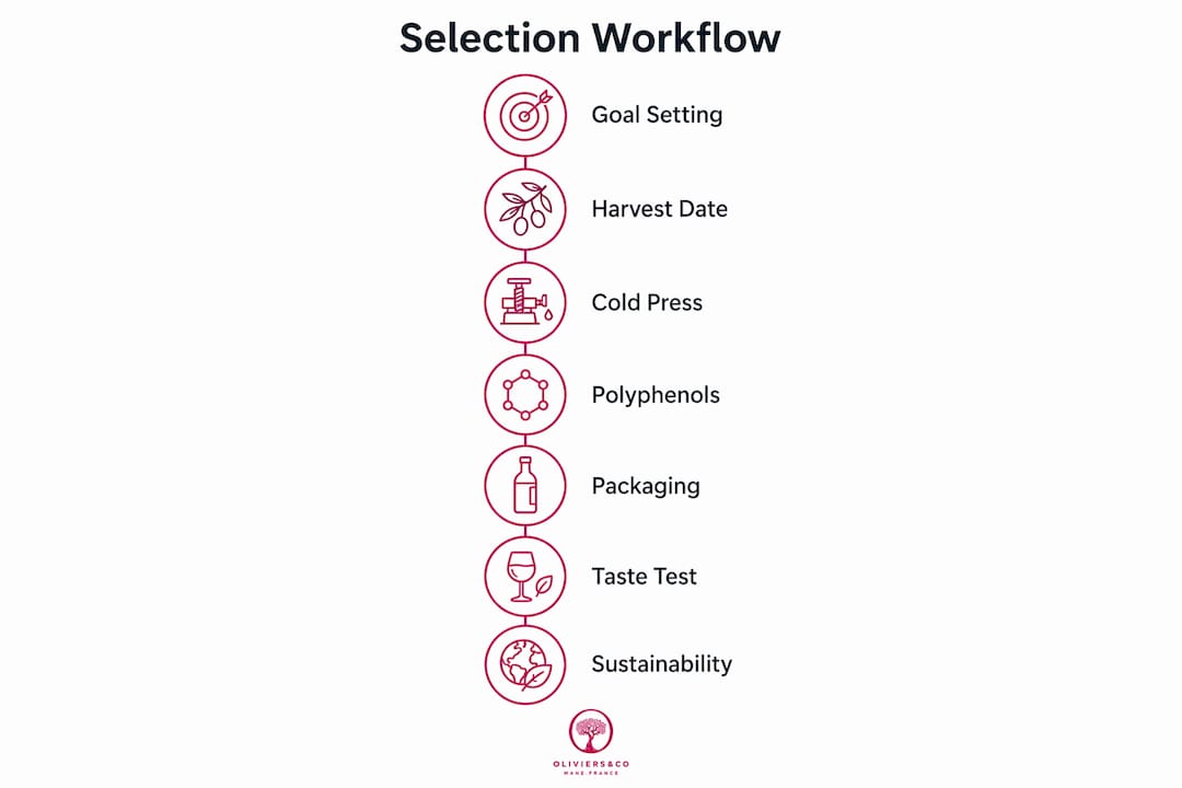 Infographic showing sustainable olive oil selection workflow steps