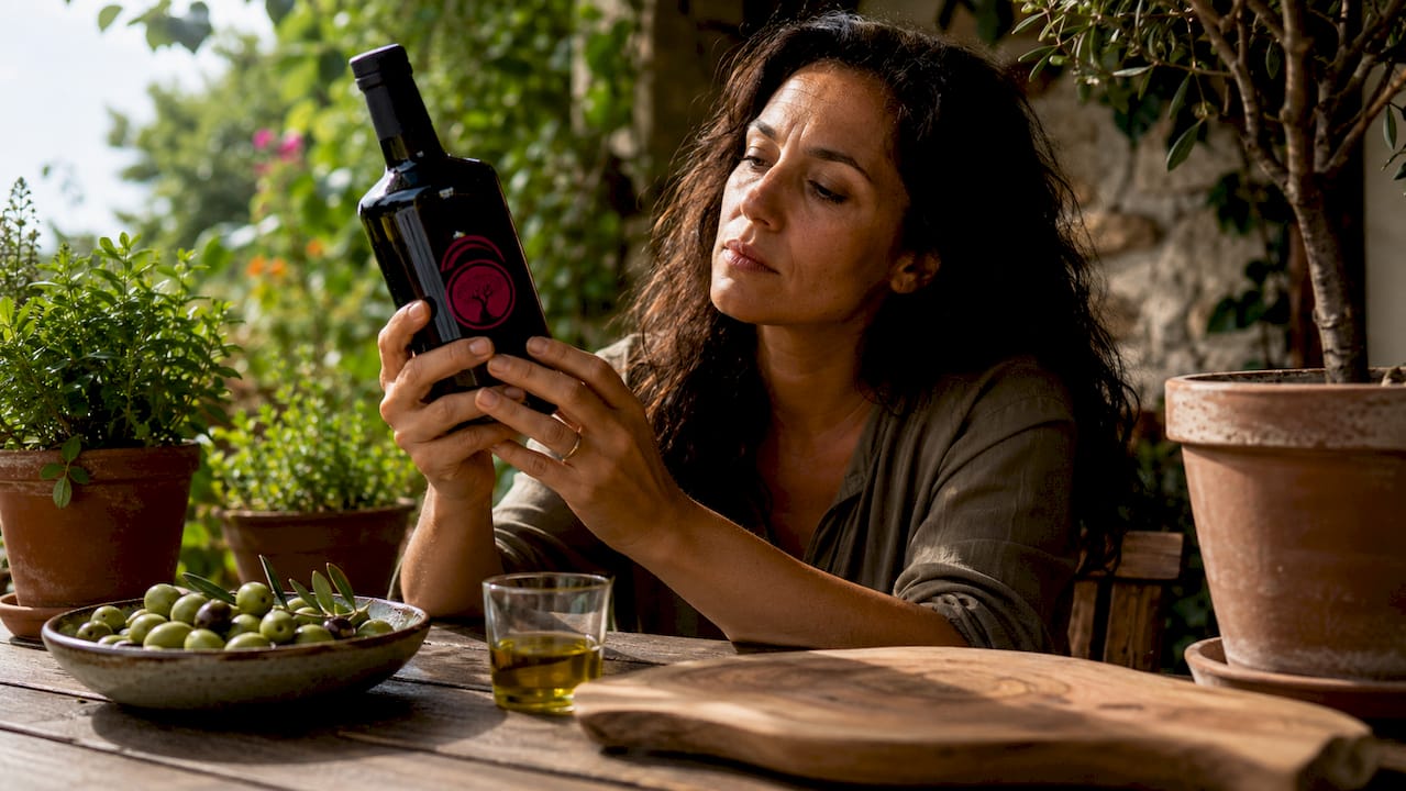 Woman inspecting olive oil bottle quality