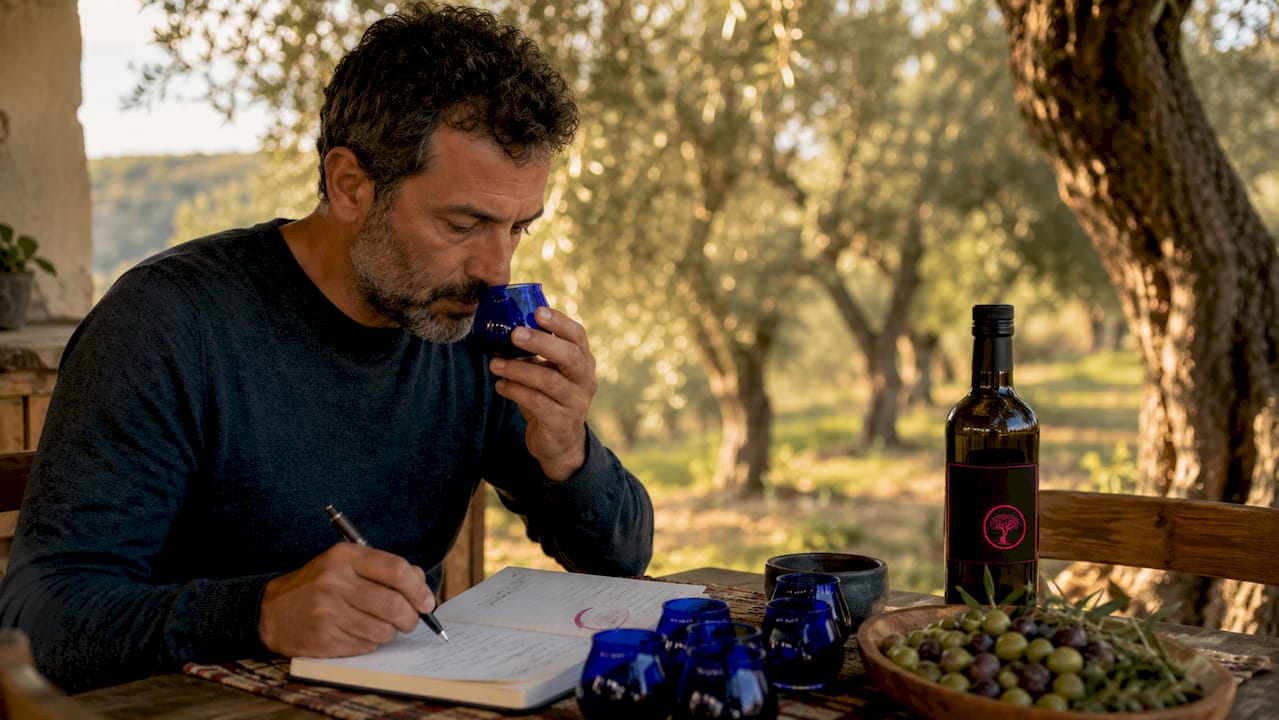 Man tasting olive oil in grove