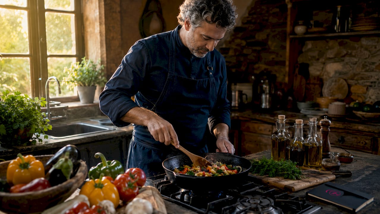 Chef sautéing vegetables with olive oil in kitchen