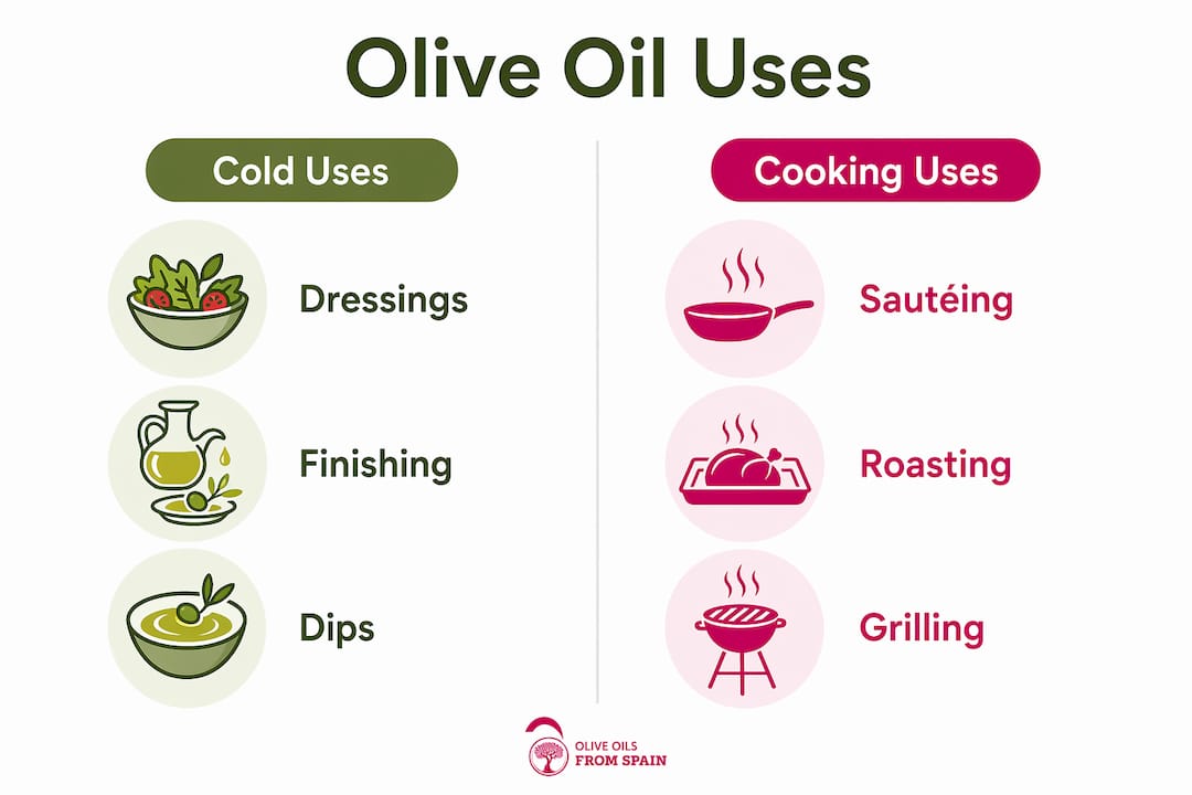 Infographic showing olive oil uses for cooking and cold applications