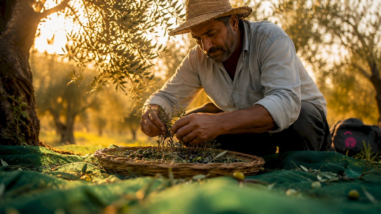Un agricultor recolecta aceitunas a mano en el olivar.