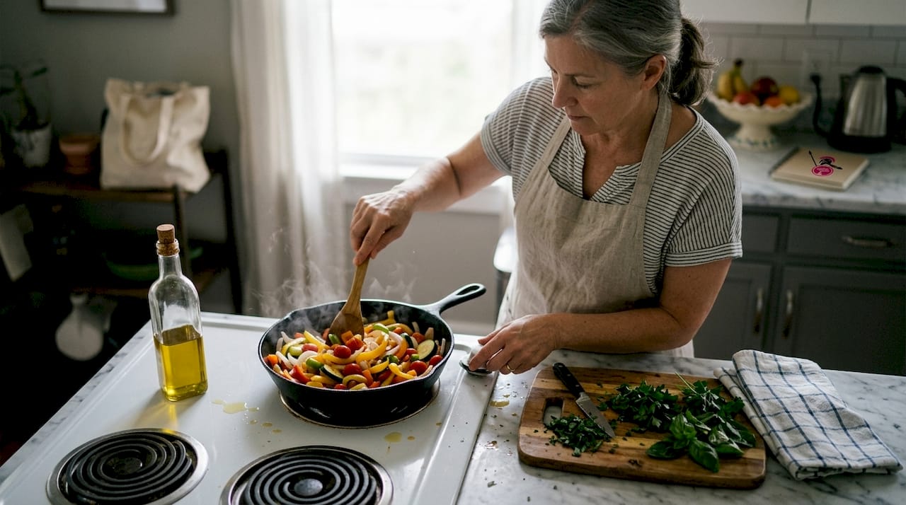 Una persona saltea verduras con aceite de oliva virgen extra en la cocina.