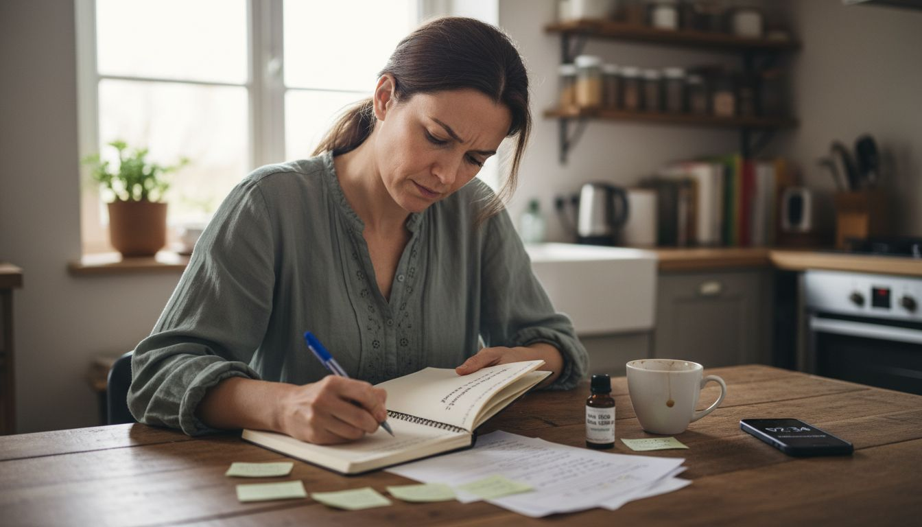 Une femme consulte son carnet pour suivre l’évolution de ses douleurs et l’efficacité du CBD.