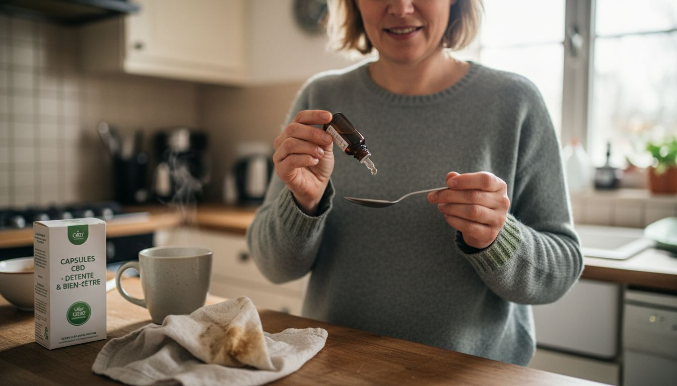 Une femme prépare sa dose d’huile de CBD dans sa cuisine.