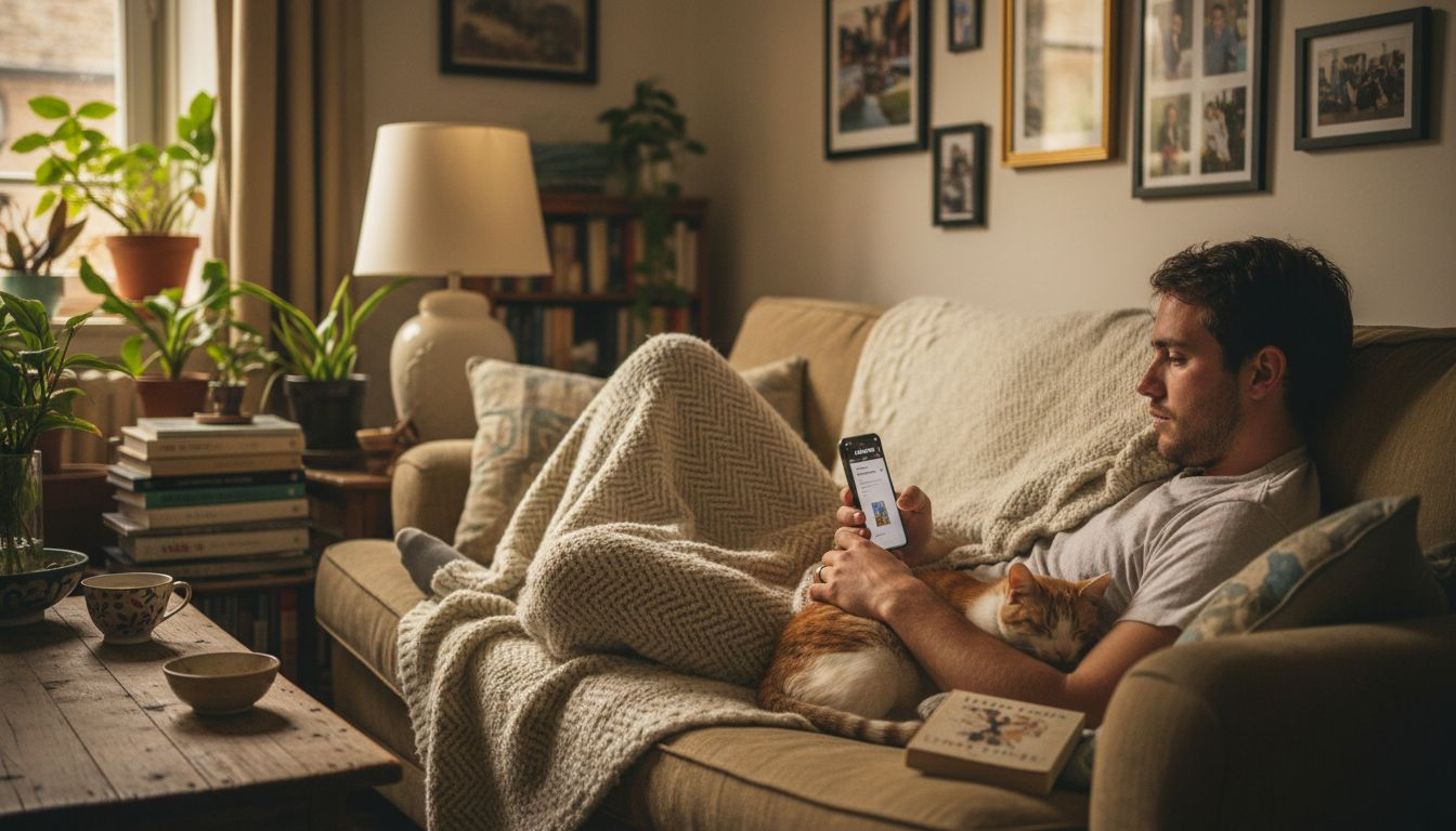 Un homme se détend sur son canapé, son chat blotti contre lui, le téléphone à la main.