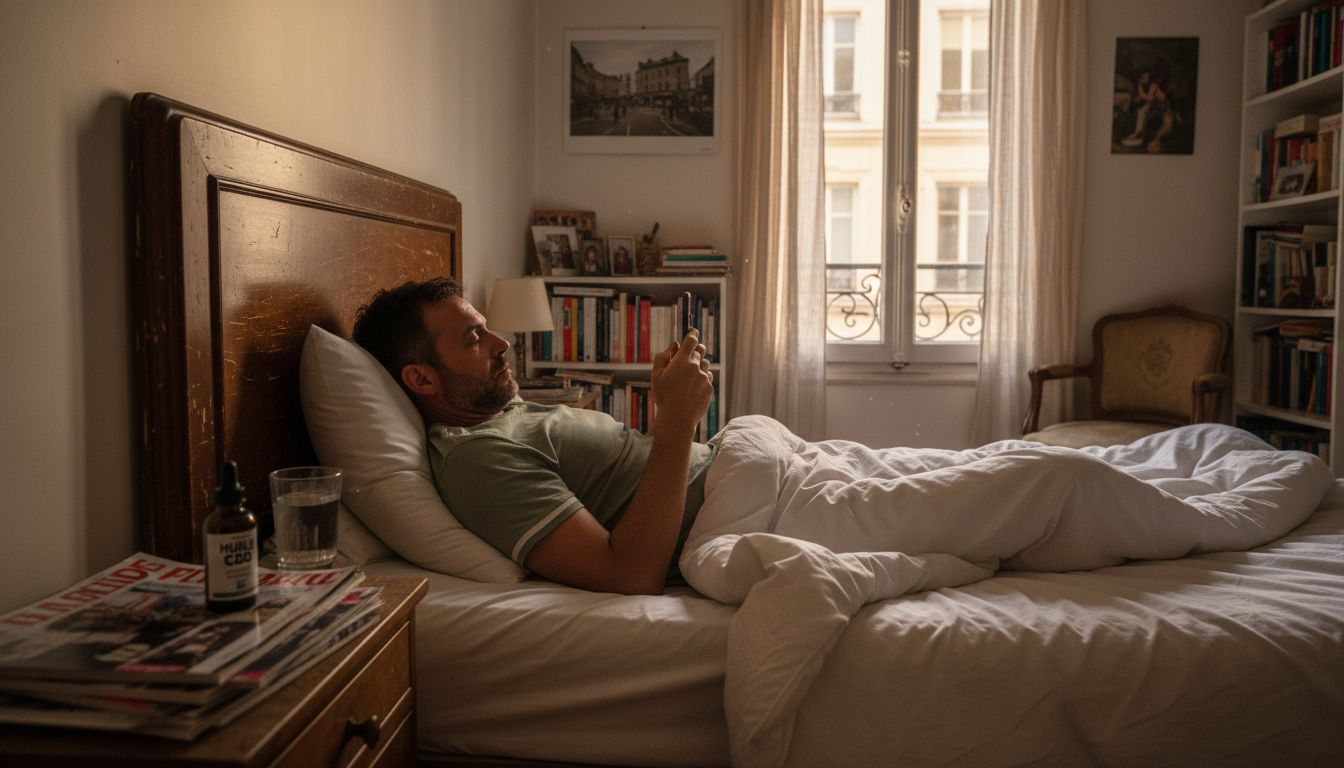 Un homme qui prend du CBD pour favoriser un sommeil réparateur pendant la nuit.