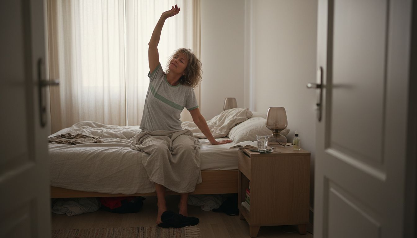 Une femme profite d’un réveil paisible dans une chambre sereine, apaisée par les bienfaits du CBD.