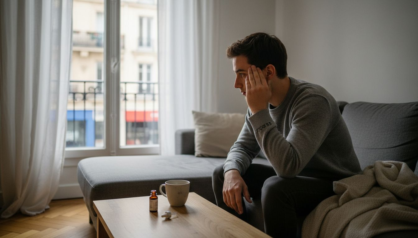 Un homme se masse la tempe pour soulager une douleur persistante.