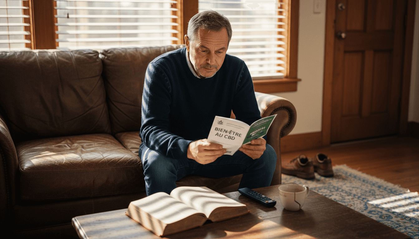 Un homme confortablement installé dans son salon consulte des informations sur le CBD.