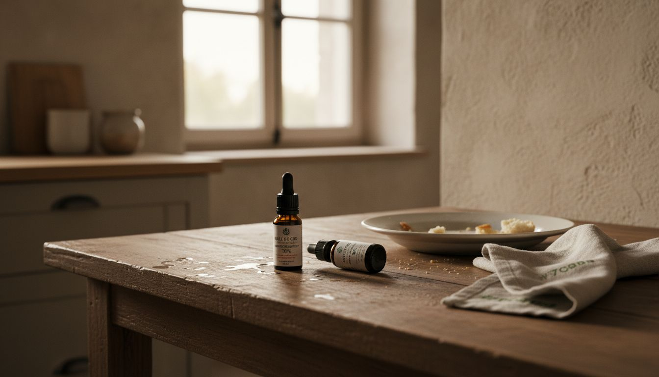 Des bouteilles d'huile de CBD posées sur le plan de travail de la cuisine.