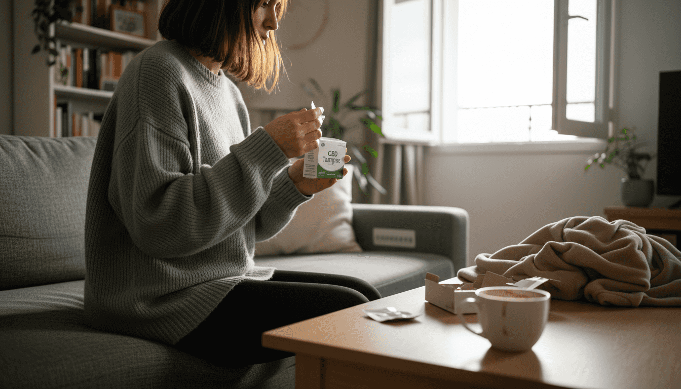 Una mujer joven descubre los beneficios de los tampones infusionados con CBD.