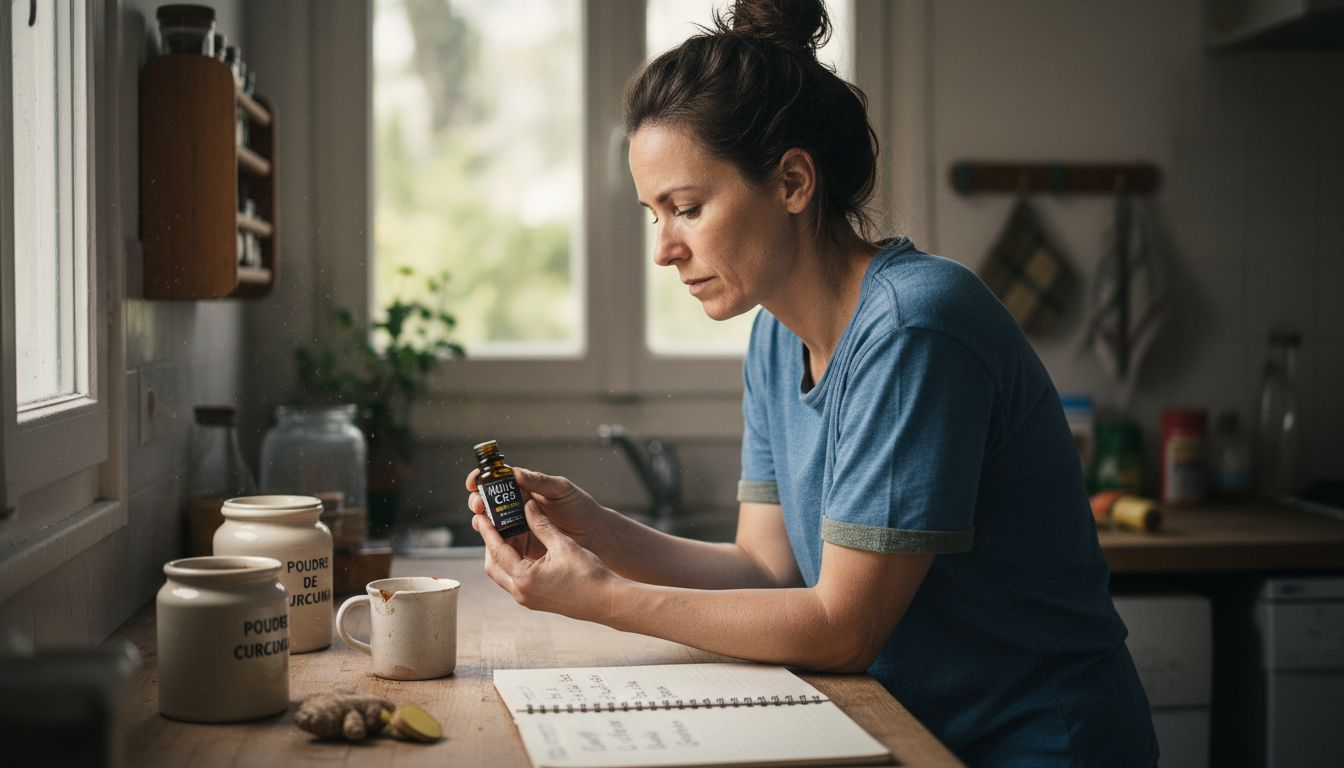 Une femme s’interroge sur les bienfaits respectifs de l’huile de CBD et du curcuma.