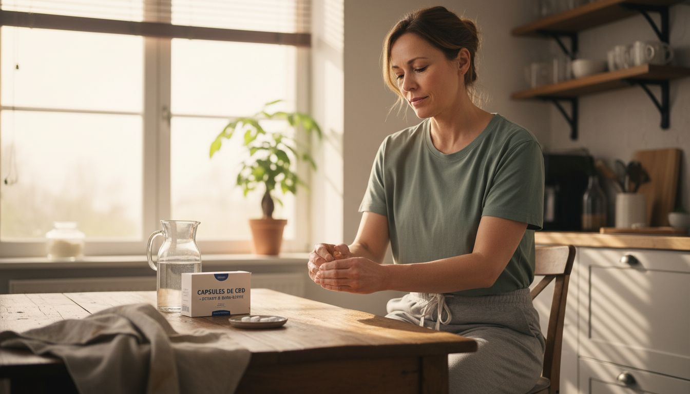 Une femme applique un massage sur sa jambe pour soulager des douleurs neuropathiques, en utilisant une crème au CBD.