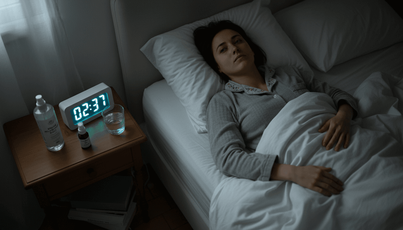 Dans l’obscurité de sa chambre, une femme tourmentée par l’insomnie fixe le plafond, envahie par l’anxiété.