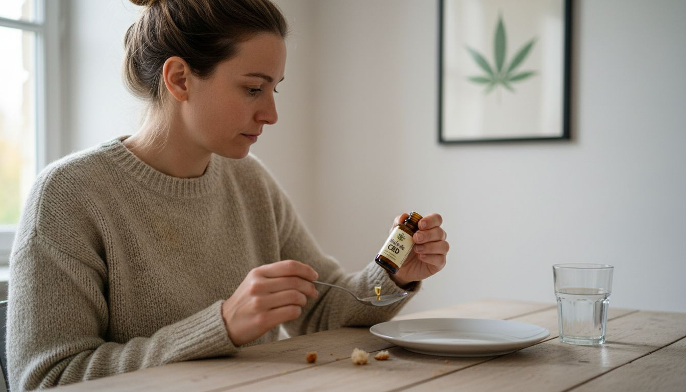 Une femme verse quelques gouttes de CBD sous sa langue, tranquillement installée dans sa cuisine.