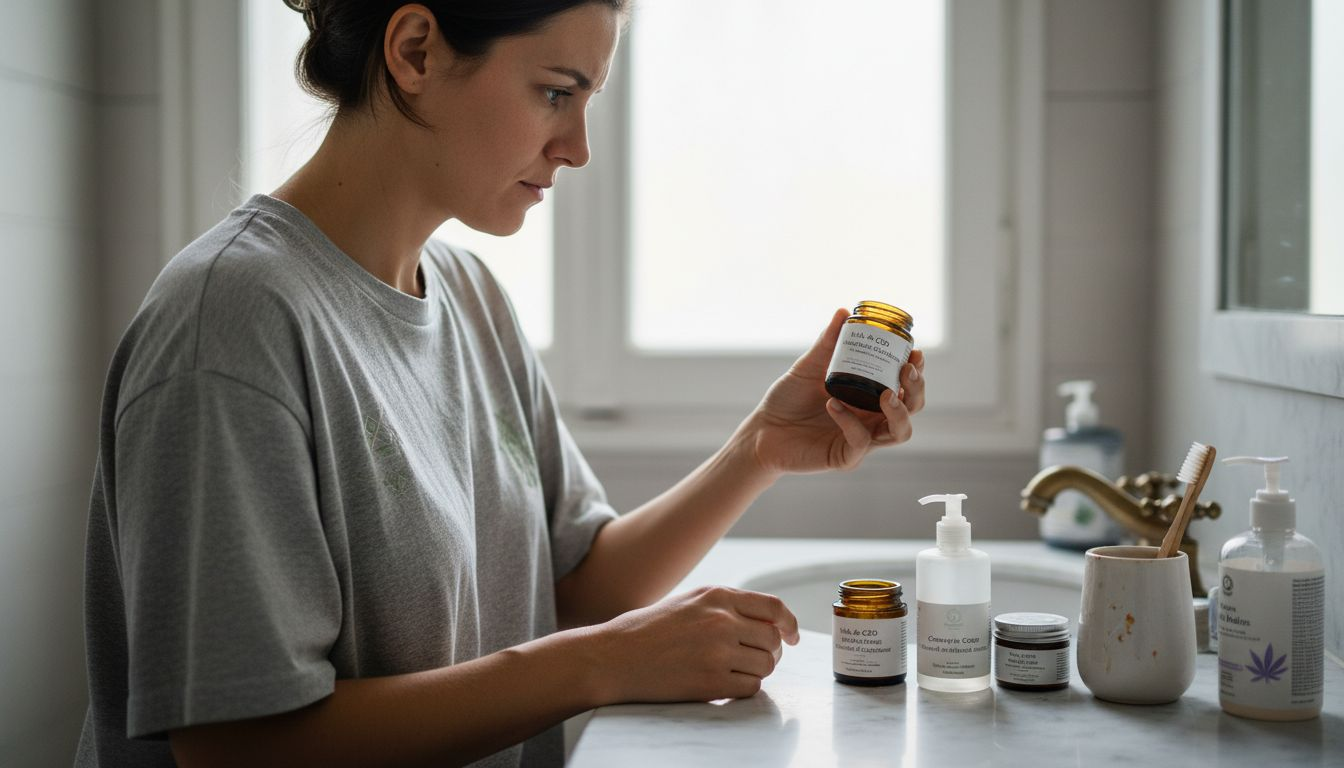 Une femme examine et compare différents produits à base de CBD chez elle, cherchant celui qui lui conviendra le mieux.
