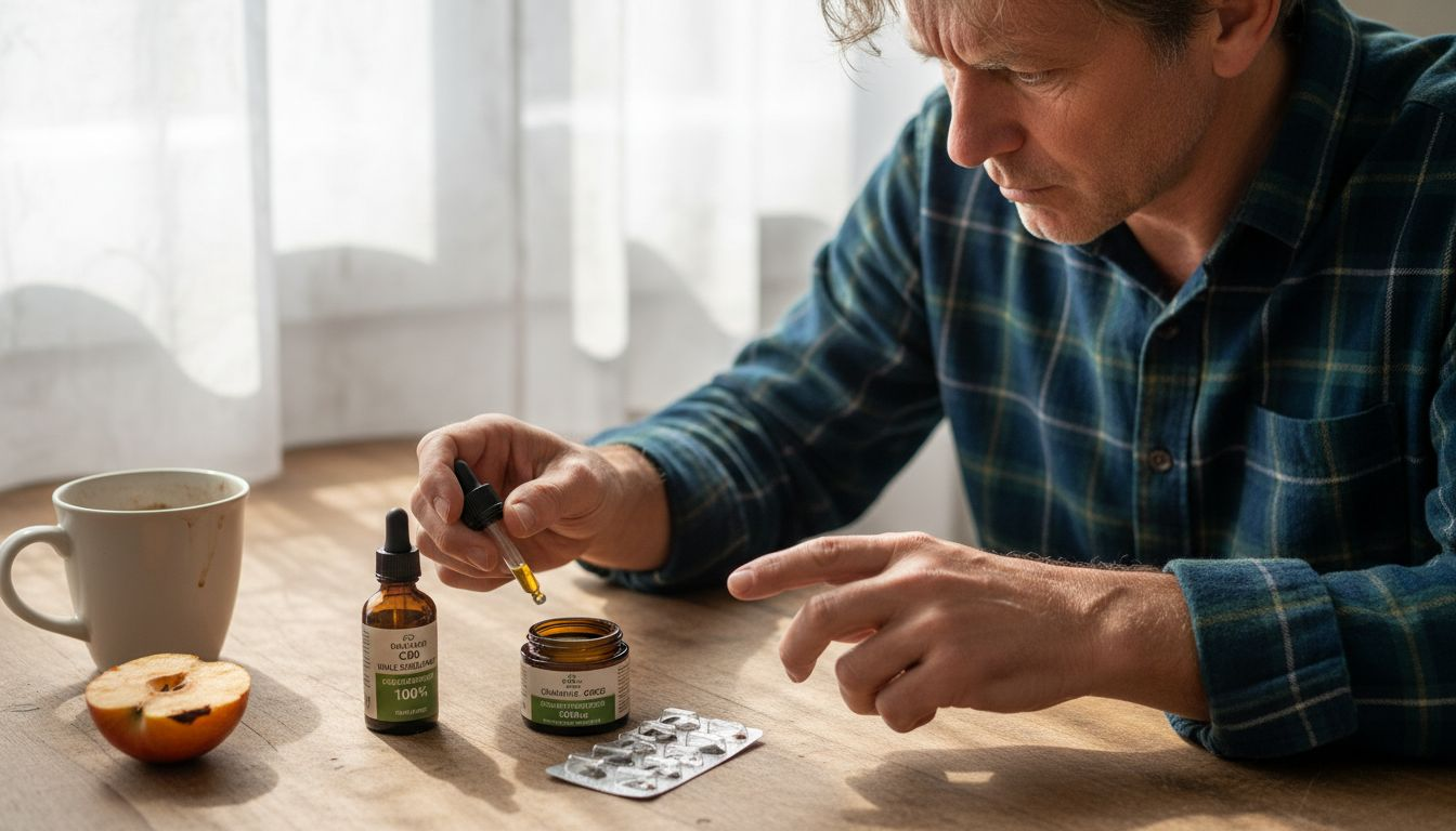 Un homme examine et compare trois types de CBD pour soulager ses douleurs.