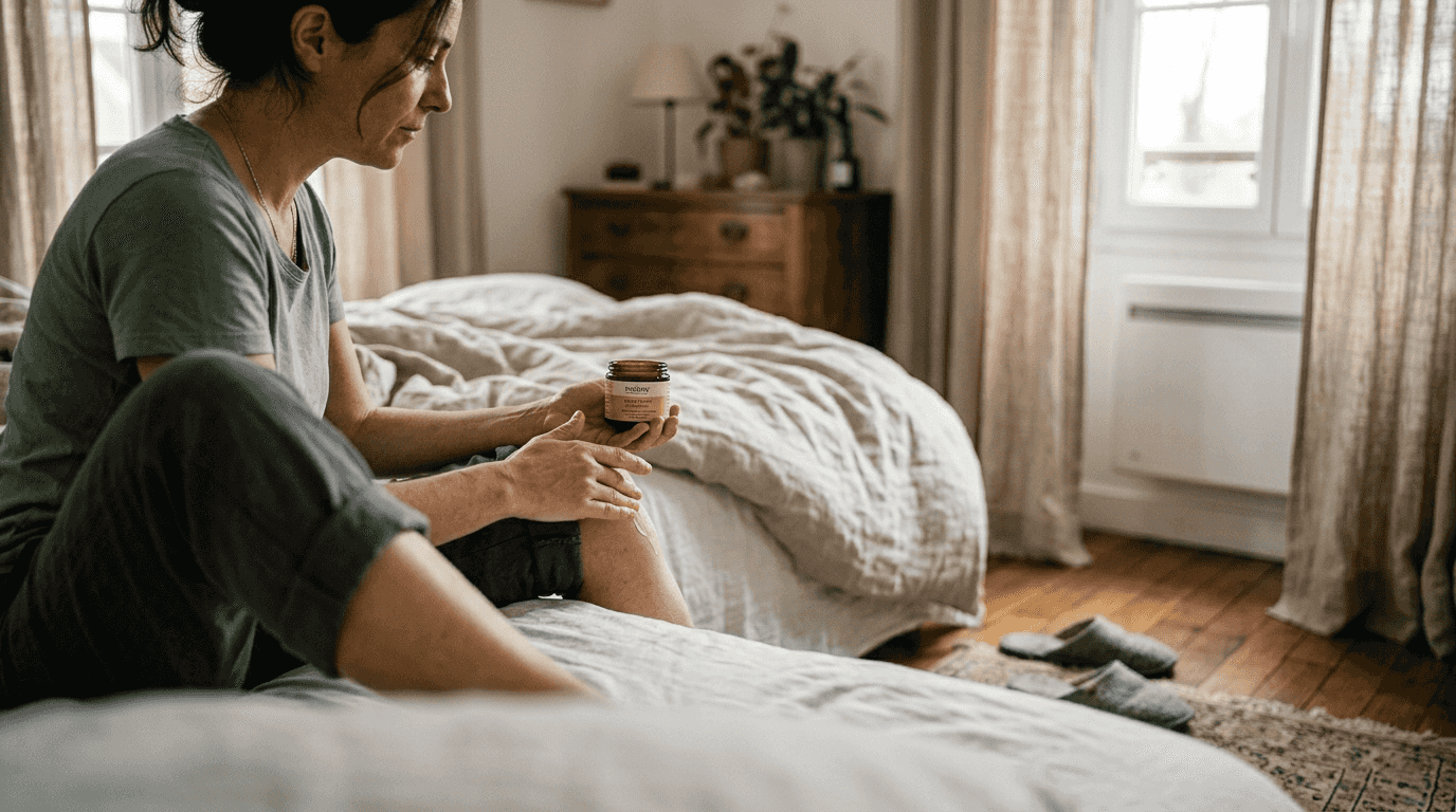 Une femme applique une crème au CBD sur son genou