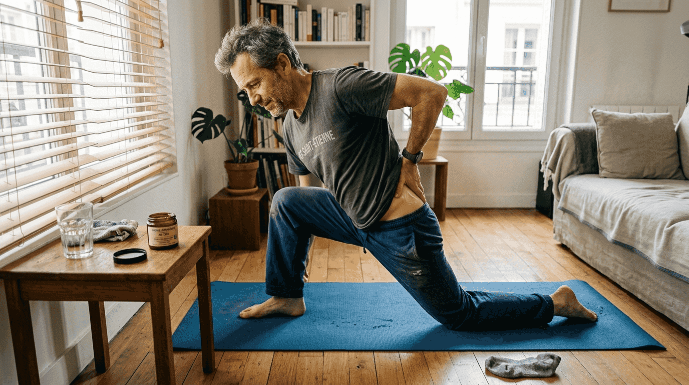Un homme applique une crème au CBD sur le bas du dos pour soulager ses douleurs.