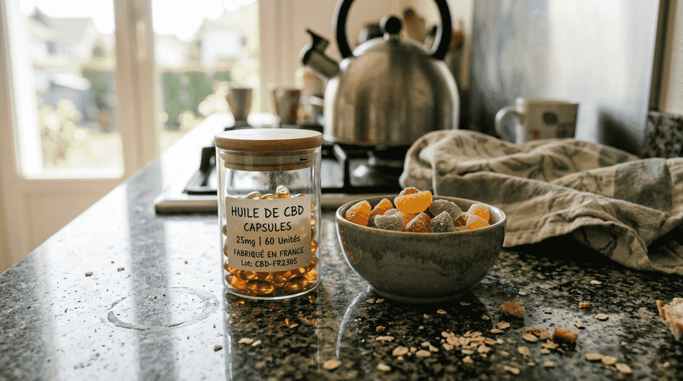 Capsules et bonbons au CBD posés sur la table de la cuisine, baignés par la lumière du jour.