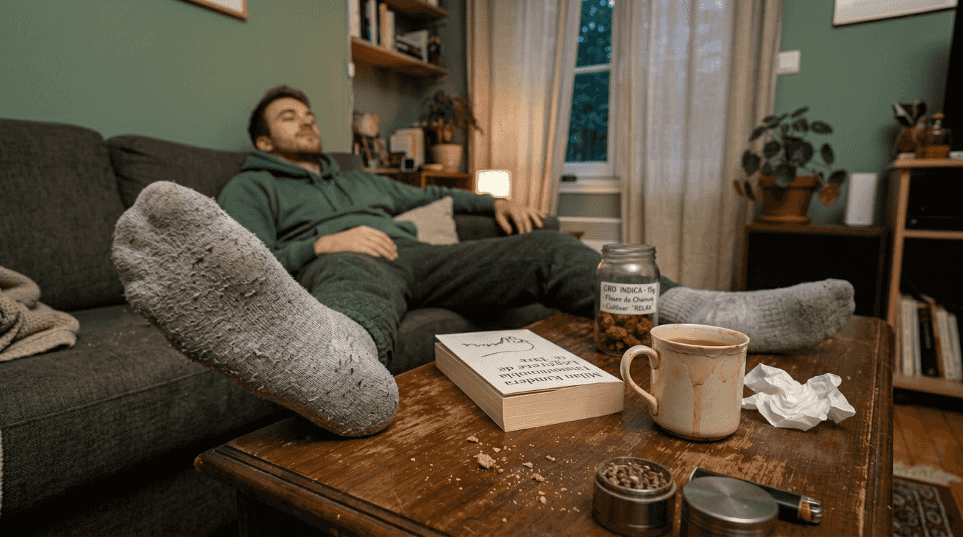 Un homme profite d’un moment de détente à côté d’un bocal de fleurs de CBD Indica.