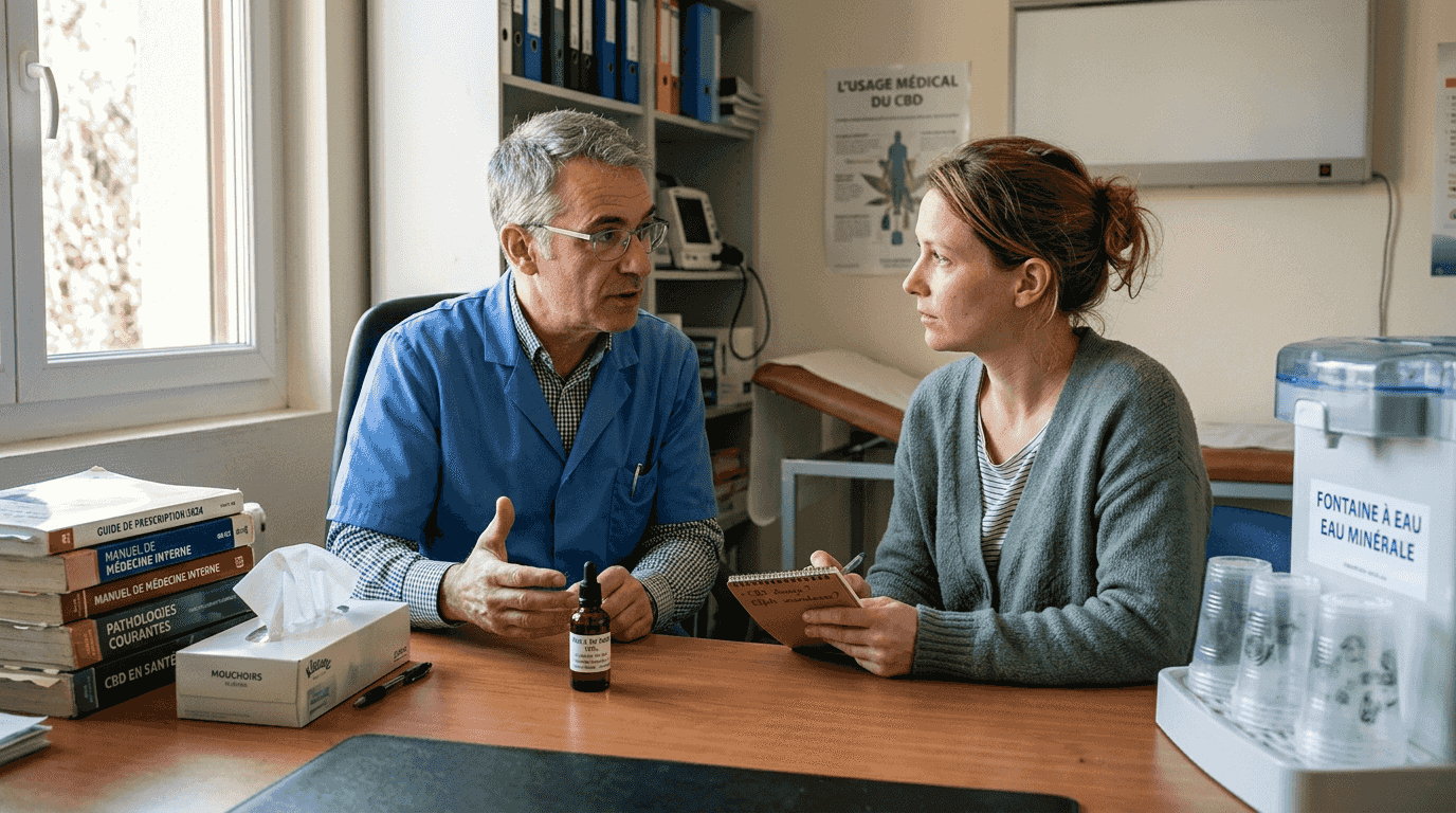 Un médecin prend le temps de présenter à son patient les différentes solutions à base de CBD, en expliquant leurs bénéfices et les modes d’utilisation adaptés.