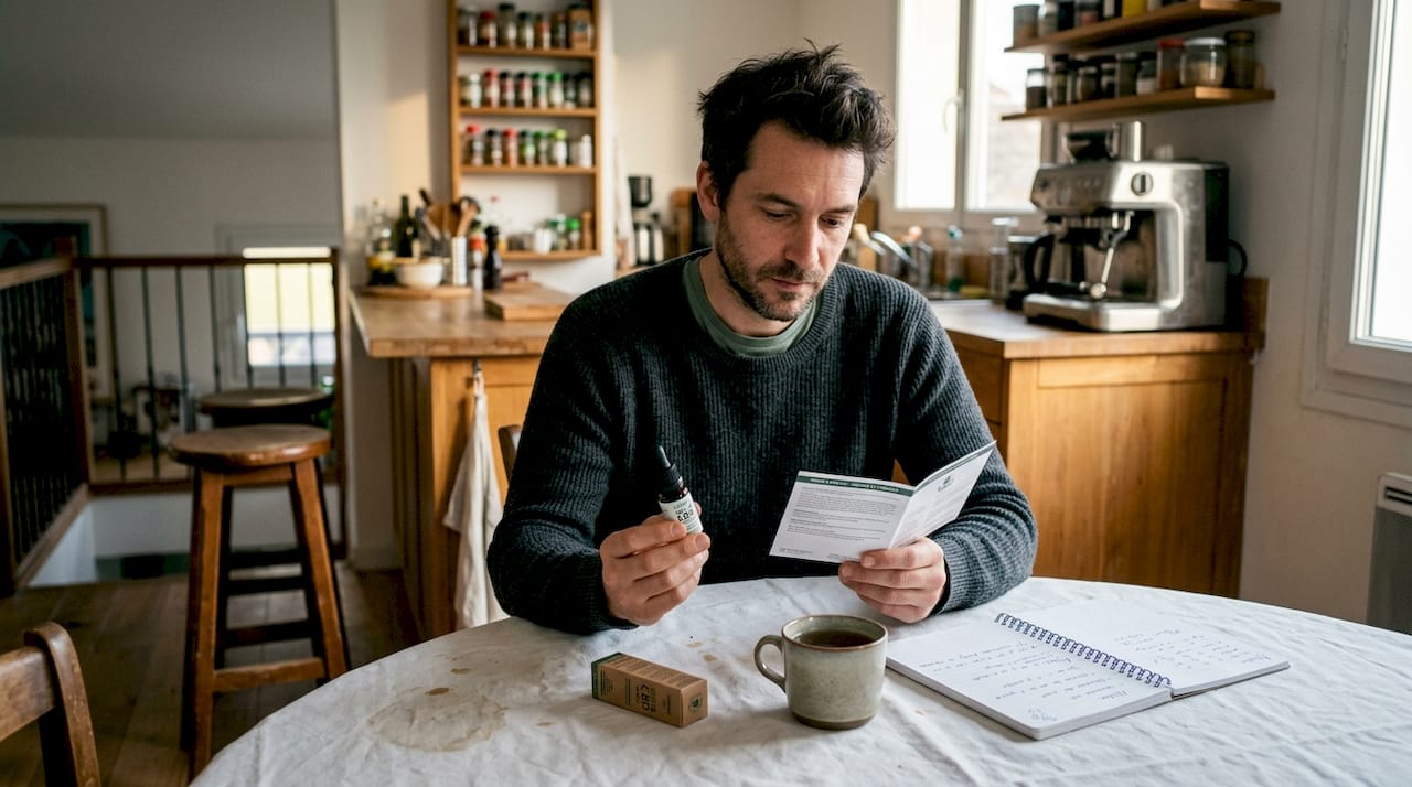 Un homme prépare sa cuisine en dosant soigneusement son huile de CBD