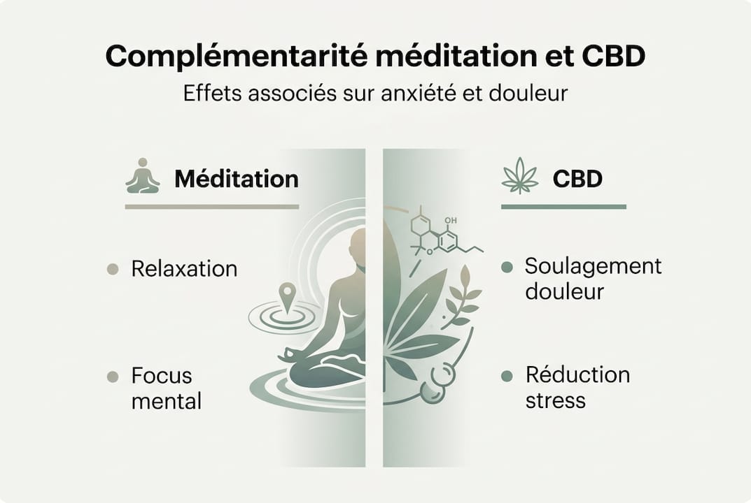 Découvrez en image comment la méditation et le CBD peuvent agir sur l’anxiété et la douleur.