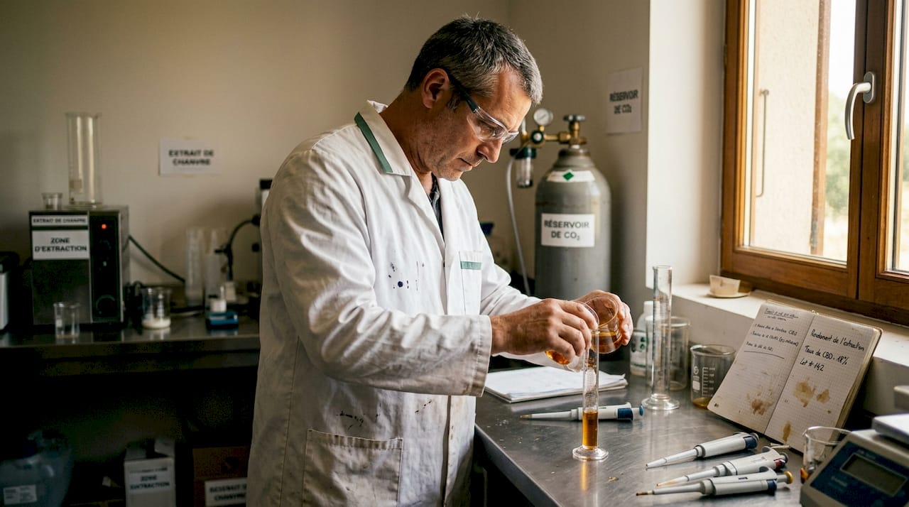 Un technicien procède à l’analyse d’un extrait de chanvre dans un laboratoire.