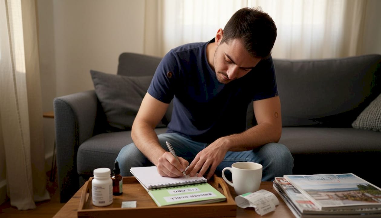 Un homme prend des notes dans son carnet pour suivre l’évolution de son dosage en CBD.