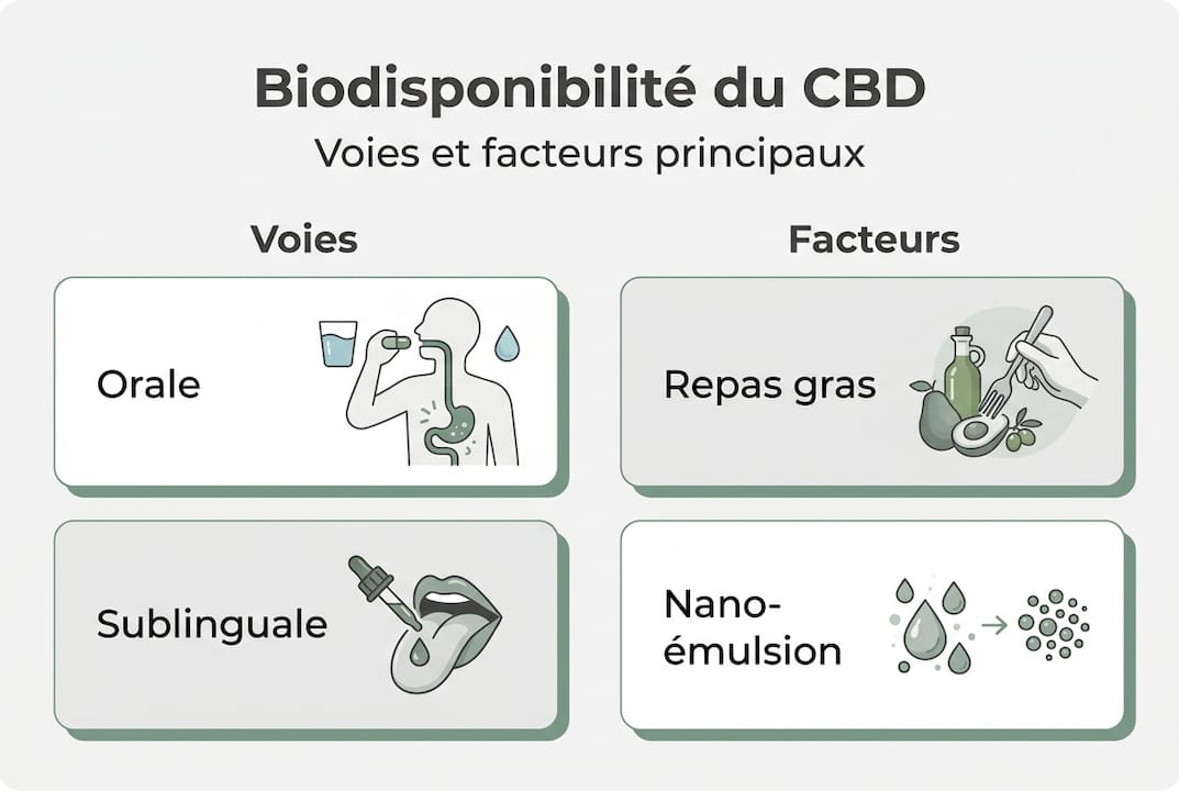 Infographie : panorama des diffĂ©rentes mĂ©thodes dâadministration du CBD et des facteurs qui influencent sa biodisponibilitĂ©