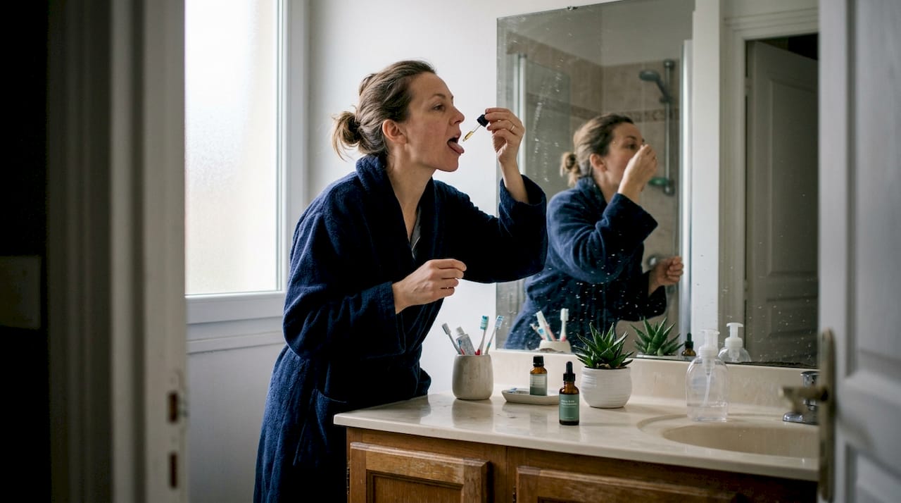 Une femme applique de lâhuile de CBD dans sa salle de bain.