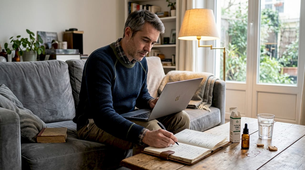 Installé confortablement sur son canapé, un homme se plonge dans l’étude du système endocannabinoïde.